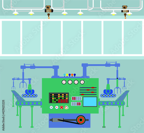 Robotic production line. Manufacturing and machine, automation and robotic and industry. Vector illustration
