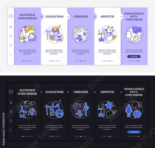 Hepatic illness types onboarding vector template. Responsive mobile website with icons. Web page walkthrough 5 step screens. Cirrhosis, fatty liver night and day mode concept with linear illustrations