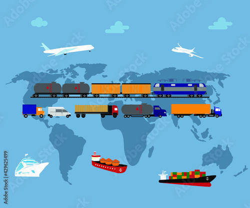 Set of flat vector web banners on the theme of Logistics, Warehouse, Freight, Cargo Transportation. Storage of goods, Insurance. Auto shipping. Air freight. Sea freight. Modern flat design.