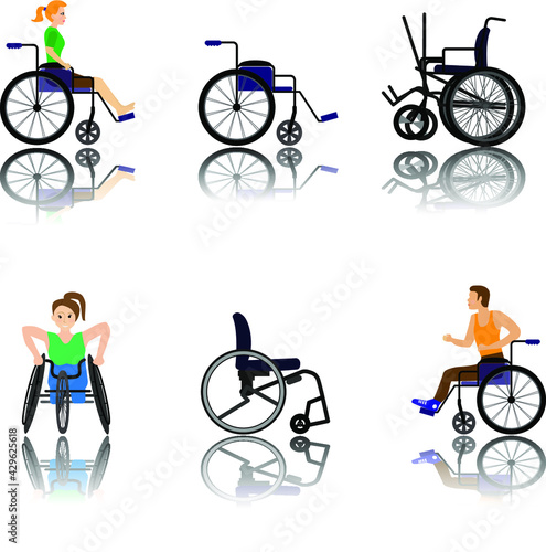 Different wheelchairs for men and women. Disability person concept. Young disabled man and woman in wheelchair isolated on white background. vector illustration
