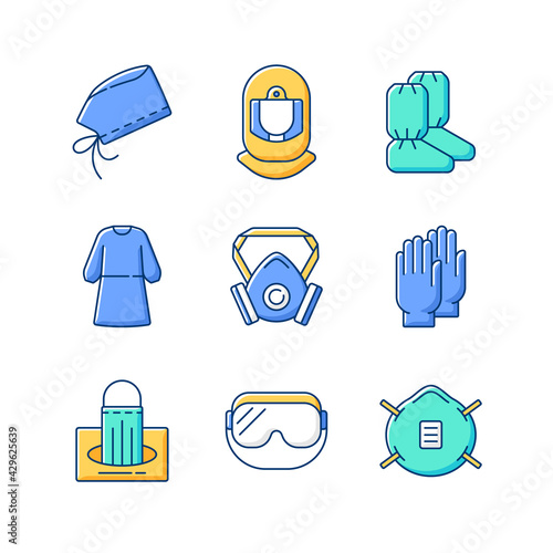 Medical disposable covers RGB color icons set. Surgical cap and helmet. Boot covers. Isolation gown. Respirator, masks in box. Sterile gloves. Medical goggles. N95 mask. Isolated vector