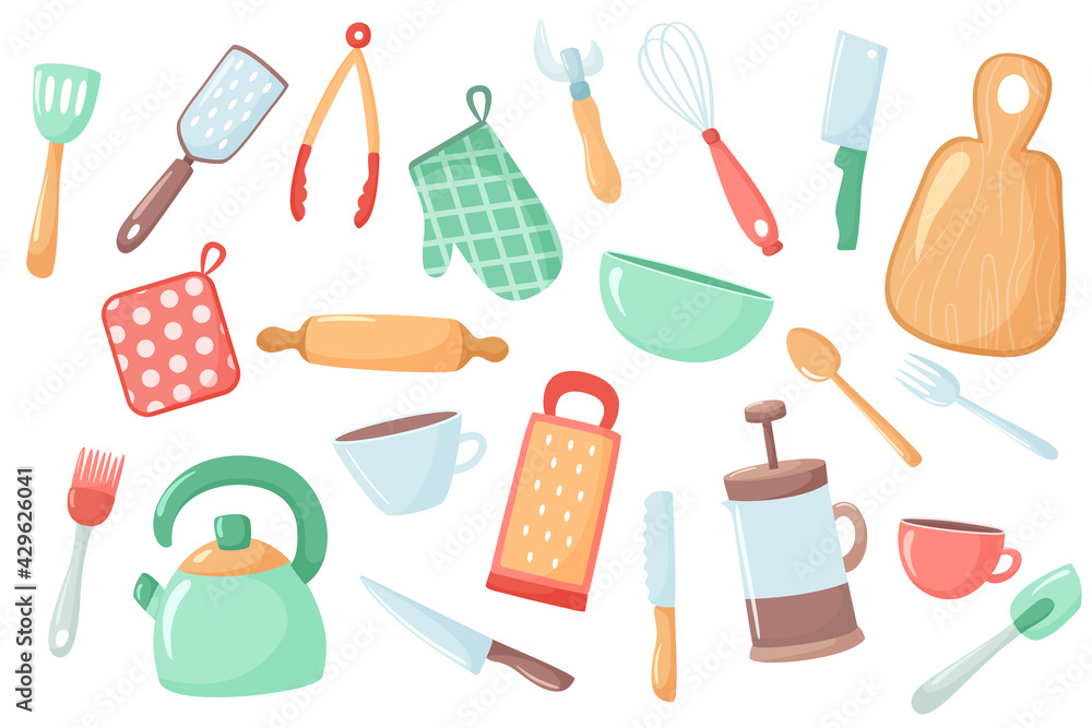 Vector set of kitchen utensils in cartoon style. Kitchen tools icons illustration. Isolated on white background. Cooking tools in vintage flat style
Vector set of kitchen utensils in cartoon style. Kitchen tools icons illustration. Isolated on white background. Cooking tools in vintage flat style