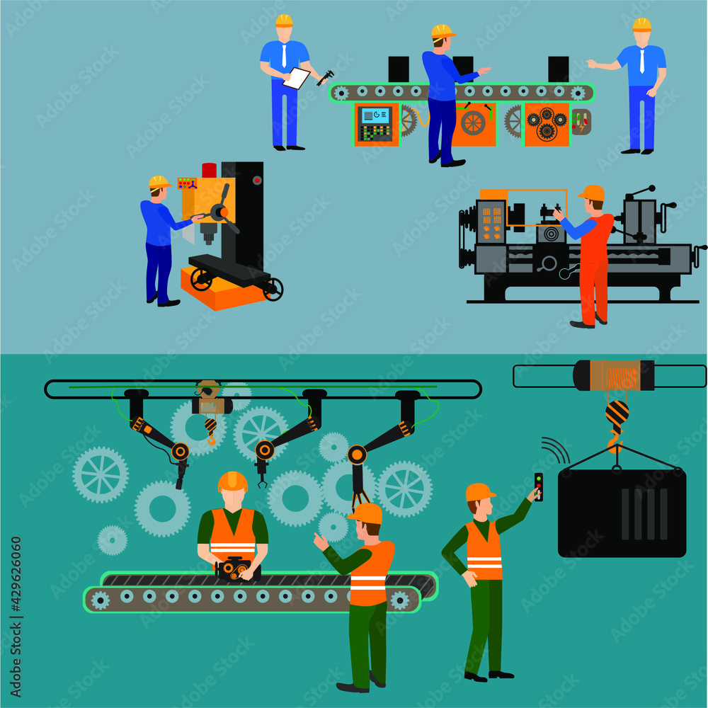 Robotic production line. Manufacturing and machine, automation and robotic and industry. Vector illustration Robotic production line. Manufacturing and machine, automation and robotic and industry. Vector illustration