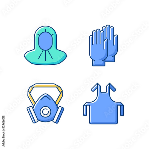 Protective medical equipment RGB color icons set. Disposable gloves. Respirator for protection from infection. Surgical apron. Medical hood. Doctor uniform. Quarantine safety. Isolated vector