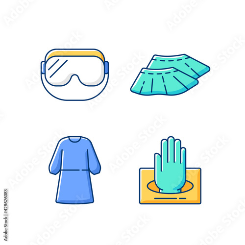 Disposable medical wear RGB color icons set. Protective goggles. Shoe covers. Isolation gown. Sterile gloves in box. Doctor uniform. Quarantine safety. Disposable PPE. Isolated vector