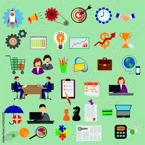 Planning and strategy, finance, investment, teamwork, time management, development, technology, business, creativity graphic design icons set . photo