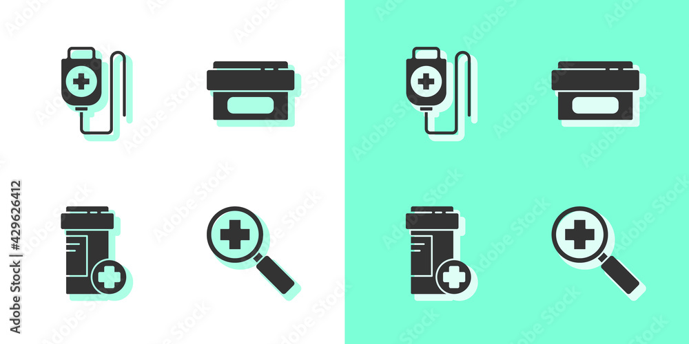 Set Magnifying glass for search medical, IV bag, Medicine bottle and Ointment cream tube medicine icon. Vector Set Magnifying glass for search medical, IV bag, Medicine bottle and Ointment cream tube medicine icon. Vector