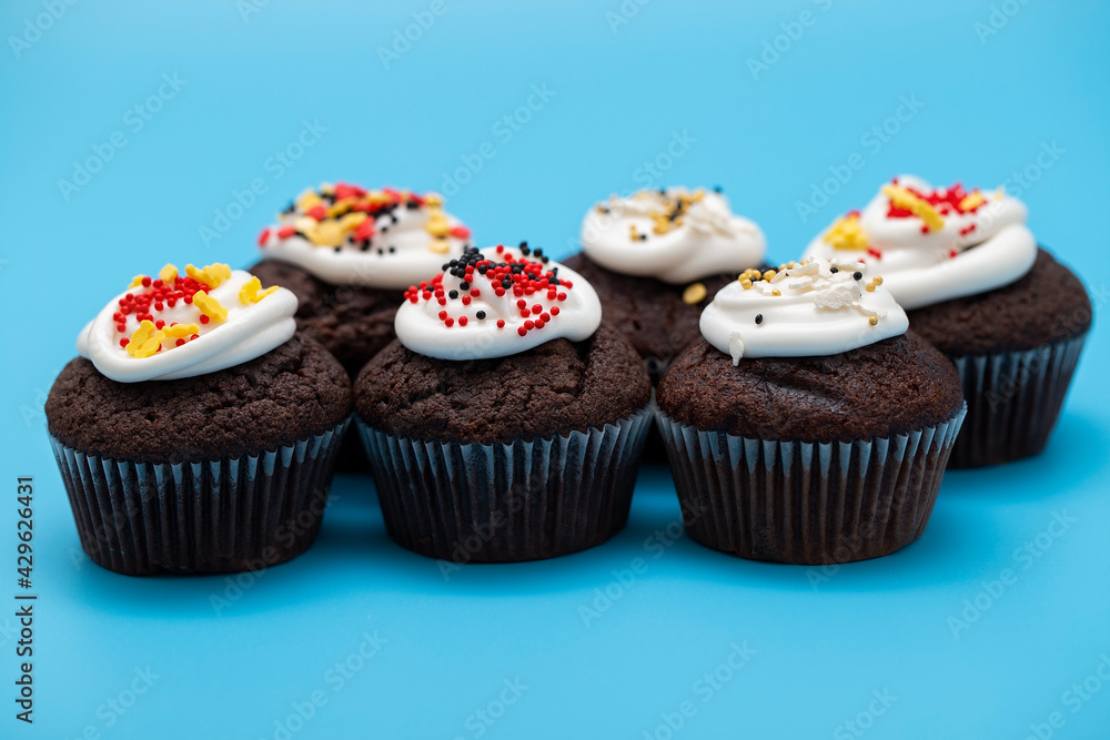 Chocolate homemade cupcakes decorated with colorful icing sugar and sprinkles. Festive sweet food close-up