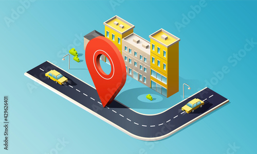 Isometric building with road, yellow cars and red location pin. 