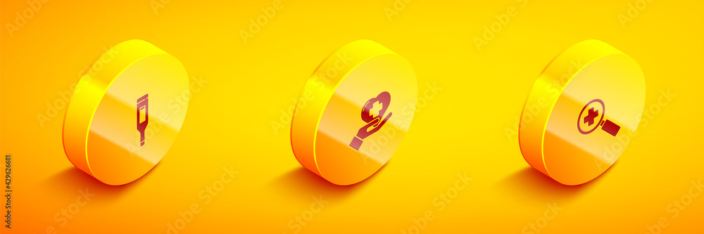 Set Isometric Medical digital thermometer, Heart with cross and Magnifying glass for search medical icon. Vector Set Isometric Medical digital thermometer, Heart with cross and Magnifying glass for search medical icon. Vector