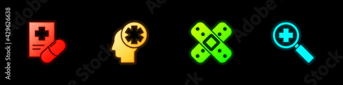 Set Medical prescription, Male head with hospital, Crossed bandage plaster and Magnifying glass for search medical icon. Vector