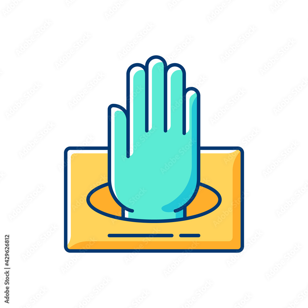 Obraz premium Gloves in box RGB color icon. Rubber protection for hands. Latex gloves. Protective wear from viral infection. Doctor uniform. Quarantine safety. Disposable PPE. Isolated vector illustration