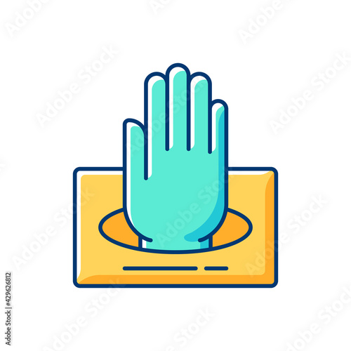 Gloves in box RGB color icon. Rubber protection for hands. Latex gloves. Protective wear from viral infection. Doctor uniform. Quarantine safety. Disposable PPE. Isolated vector illustration