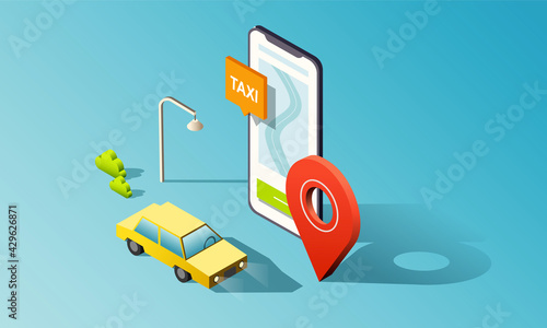 Isometric phone with road, taxi car and red location pin. 