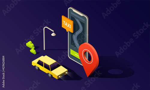 Isometric phone with map, road, taxi car and location pin on dark background.