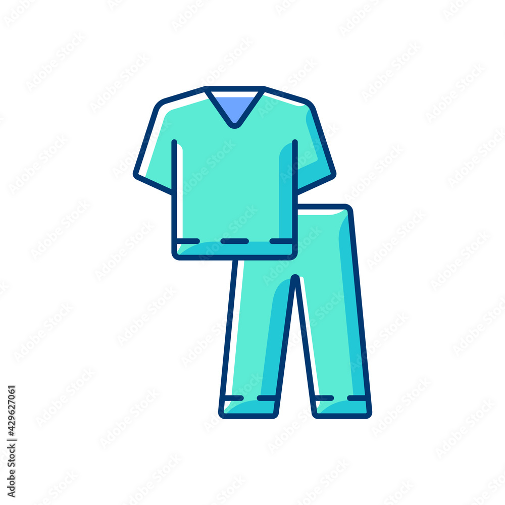 Scrub suit RGB color icon. Top and trousers for nurse. Suit to work in clinic. Protective wear for hospital professional. Doctor uniform. Disposable PPE. Isolated vector illustration Scrub suit RGB color icon. Top and trousers for nurse. Suit to work in clinic. Protective wear for hospital professional. Doctor uniform. Disposable PPE. Isolated vector illustration