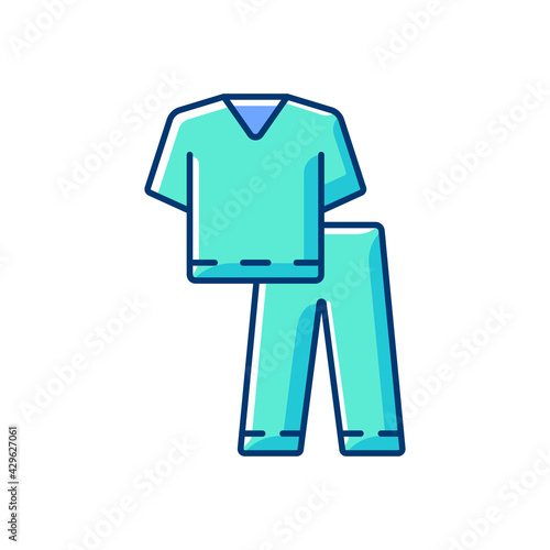Scrub suit RGB color icon. Top and trousers for nurse. Suit to work in clinic. Protective wear for hospital professional. Doctor uniform. Disposable PPE. Isolated vector illustration
