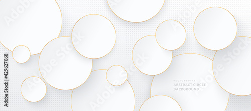 Modern luxury white and grey gradient circular shape with golden line. Abstract geometric silver color overlapping layered elegant style with copy space. Dotted pattern texture. Vector illustration