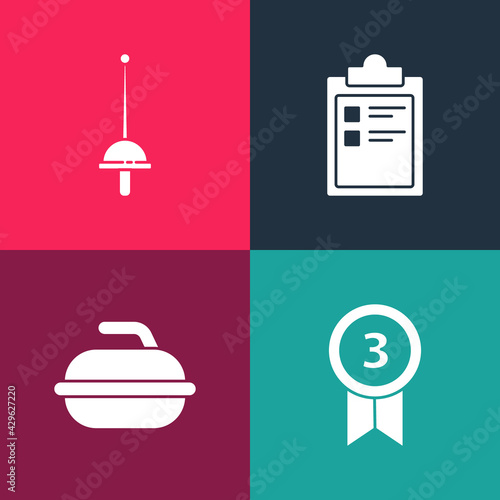 Set pop art Medal, Stone for curling sport game, Sport training program and Fencing icon. Vector