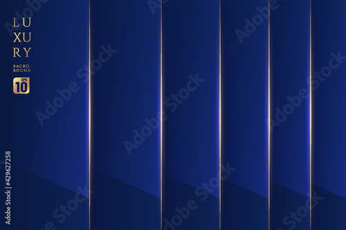 Dark blue rectangle shape metallic glossy abstract background. Overlapping perspectives layer shadow with shiny golden stripes line style. Luxury and elegant concept. Vector illustration