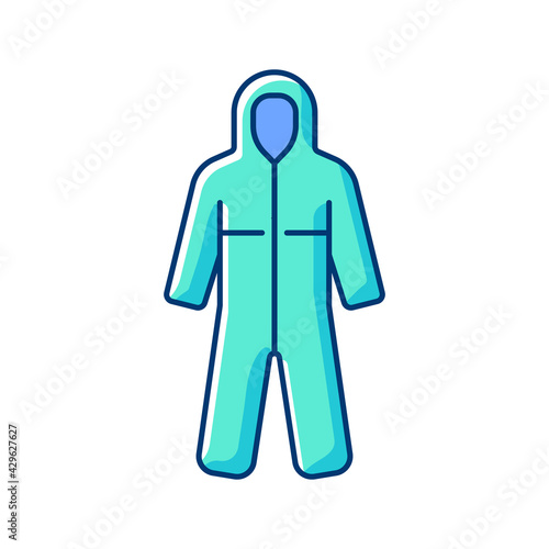Medical coveralls RGB color icon. Protective wear from dangerous contamination. Suit for laboratory. Uniform for hazardous work. Quarantine safety. Disposable PPE. Isolated vector illustration