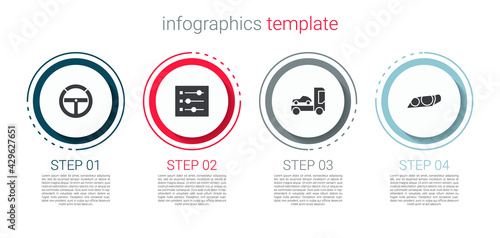 Set Steering wheel, Car settings, transporter truck and headlight. Business infographic template. Vector