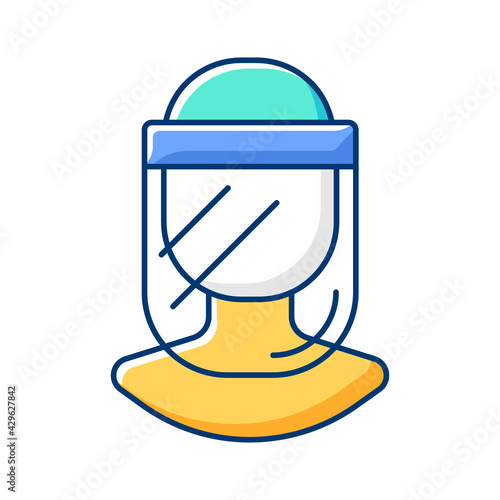 Medical face shield RGB color icon. Reusable facial cover. Protective wear from virus infection. Wear for lab work. Doctor uniform. Quarantine safety. Disposable PPE. Isolated vector illustration