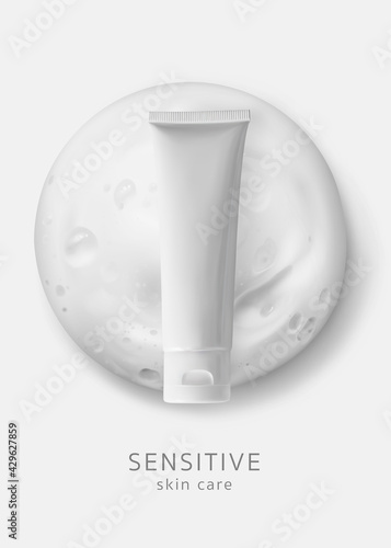 Plastic tube container on foam soap drop. Template cosmetic poster design. Concept delicate cleanser. White blank shampoo packaging realistic vector illustration, isolated