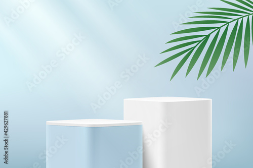 Abstract white round corner cube platform podium. Window lighting . Green palm leaf. Light blue minimal wall scene. Vector rendering 3d shape for Product display presentation. Pedestal summer concept.