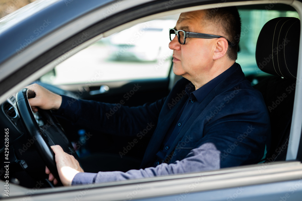 Portrait of mature man driving car on the road