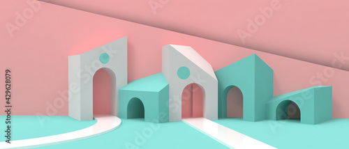 Business concept. Abstract Architecture Background and Home Origami Paper Art style with Minimal Concept on Green . Copy space, inspiration, website, poster -3d Rendering © guguart