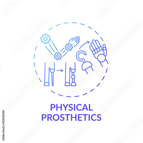 Physical prosthetics concept icon. Rehab engineering idea thin line illustration. Physical impairments, disabilities treatment. Recovering from injury. Vector isolated outline RGB color drawing
