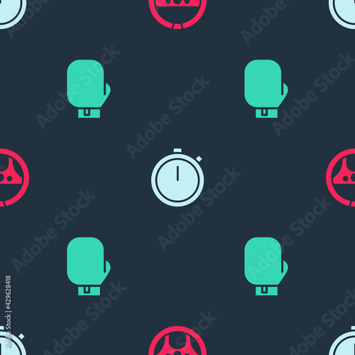 Set Steering wheel, Stopwatch and Boxing glove on seamless pattern. Vector