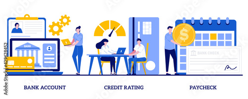 Bank account, credit rating, paycheck concept with tiny people. Financial services cartoon abstract vector illustration set. Debit card payment, money savings, loan and deposit metaphor