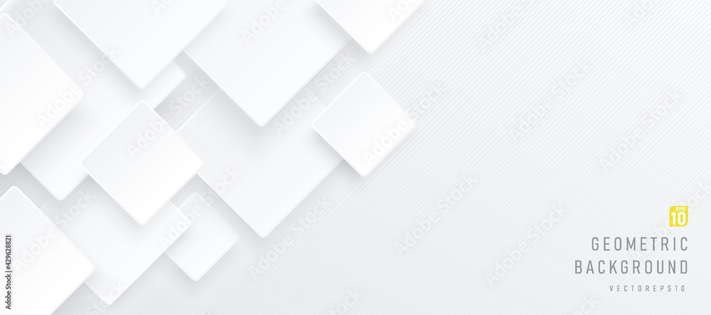 Silver color square pattern on banner with shadow. Abstract white and grey color geometric background with copy space. Modern and minimal concept. You can use for cover, poster, banner web. Vector EPS