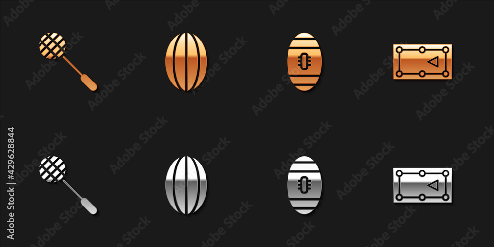Set Tennis racket, Rugby ball, American Football and Billiard table icon. Vector