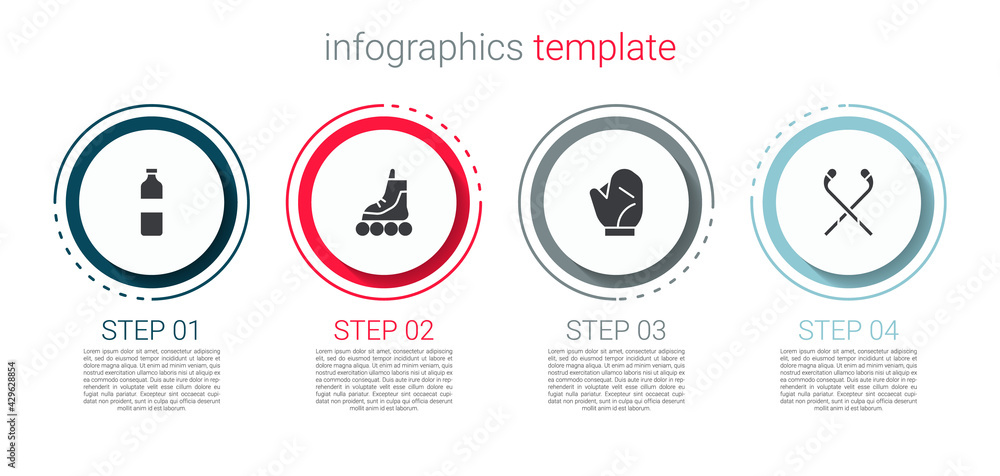 Set Bottle of water, Roller skate, Baseball glove and Ice hockey sticks. Business infographic template. Vector Set Bottle of water, Roller skate, Baseball glove and Ice hockey sticks. Business infographic template. Vector