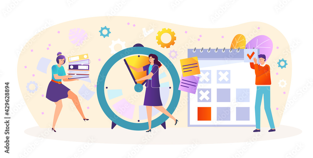 Business team working place, company time management, tiny character standing chronometer, hold book flat vector illustration, isolated on white. Business team working place, company time management, tiny character standing chronometer, hold book flat vector illustration, isolated on white.