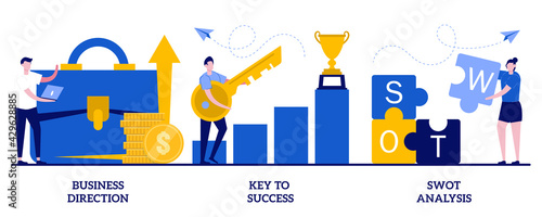Business direction, key to success, swot analysis concept with tiny people. Profit growth, career success achievement, strengths and weaknesses assessment abstract vector illustration set