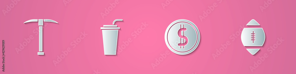 Set paper cut Pickaxe, Paper glass with straw, Coin money dollar and American Football ball icon. Paper art style. Vector Set paper cut Pickaxe, Paper glass with straw, Coin money dollar and American Football ball icon. Paper art style. Vector