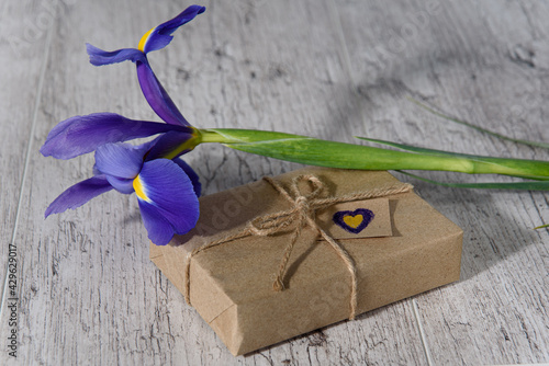 Obraz na płótnie Gift box wrapped with kraft paper, hand drawn small heart and iris flower. Happy Mother's Day, Valentine's Day or birthday background. Greeting card. w salonie