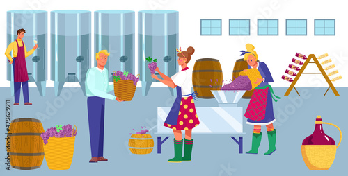 Wine factory production process, work winemaker character, woman and man hold basket grapes flat vector illustration, hangar place.