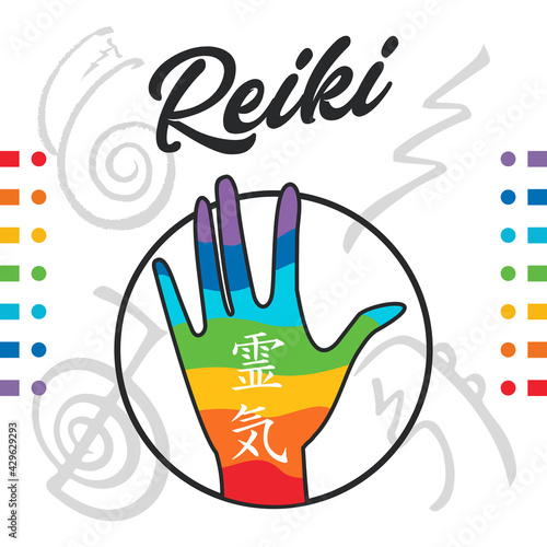 Healing Reiki energi. Logotype. Reiki symbol. Spiritual practice. The colors of the chakras in the healing hand.
