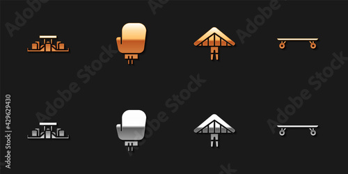 Set Formula 1 racing car, Boxing glove, Hang glider and Longboard skateboard icon. Vector