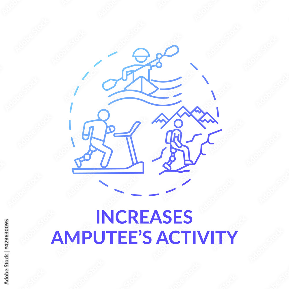 Increasing amputee activity concept icon. Prosthesis replacement idea thin line illustration. Maintaining physically active lifestyle. Sport knee joint. Vector isolated outline RGB color drawing Increasing amputee activity concept icon. Prosthesis replacement idea thin line illustration. Maintaining physically active lifestyle. Sport knee joint. Vector isolated outline RGB color drawing