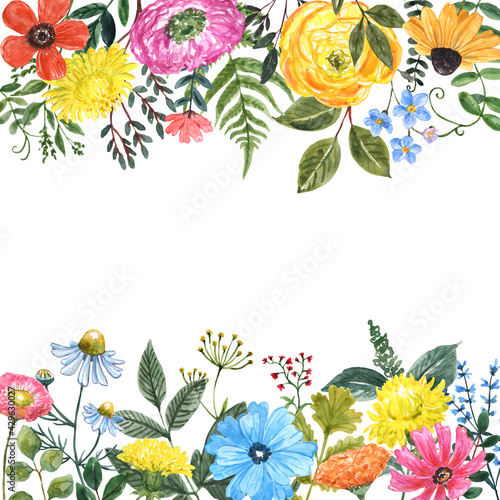 Colorful summer meadow floral illustration on white background. Watercolor wi...
