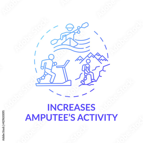 Increasing amputee activity concept icon. Prosthesis replacement idea thin line illustration. Maintaining physically active lifestyle. Sport knee joint. Vector isolated outline RGB color drawing