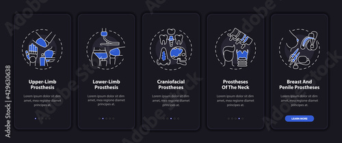 Prostheses kinds onboarding mobile app page screen with concepts. Upper-limb prosthesis walkthrough 5 steps graphic instructions. UI, UX, GUI vector template with linear night mode illustrations