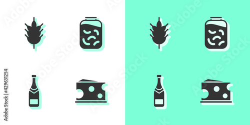 Set Cheese, Hop, Champagne bottle and Pickled cucumbers in jar icon. Vector