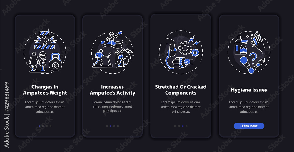 Prosthesis restore onboarding mobile app page screen with concepts. Increase amputee activity walkthrough 4 steps graphic instructions. UI, UX, GUI vector template with linear night mode illustrations
